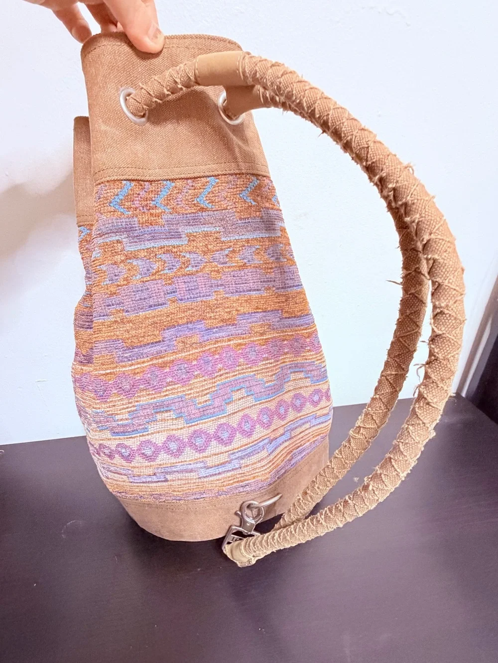 TOM Boho Embroidered Drawstring Bucket Bag - Tan & Pastel